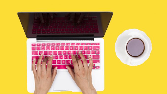 Aerial view of colorful laptop keyboard
