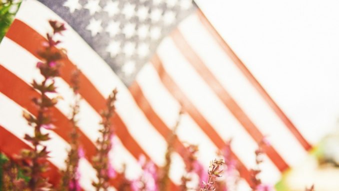 wide angle flower bed with American flag Labor Day remote job postings
