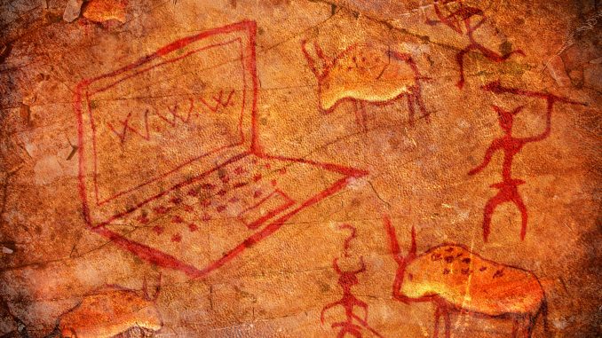 hunters with notebook on cave paint digital illustration history of telecommuting