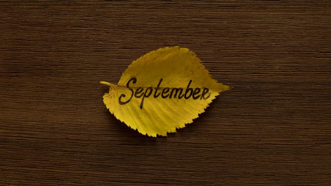 Golden leaf with the inscription SEPTEMBER on the dark wooden background. September remote jobs